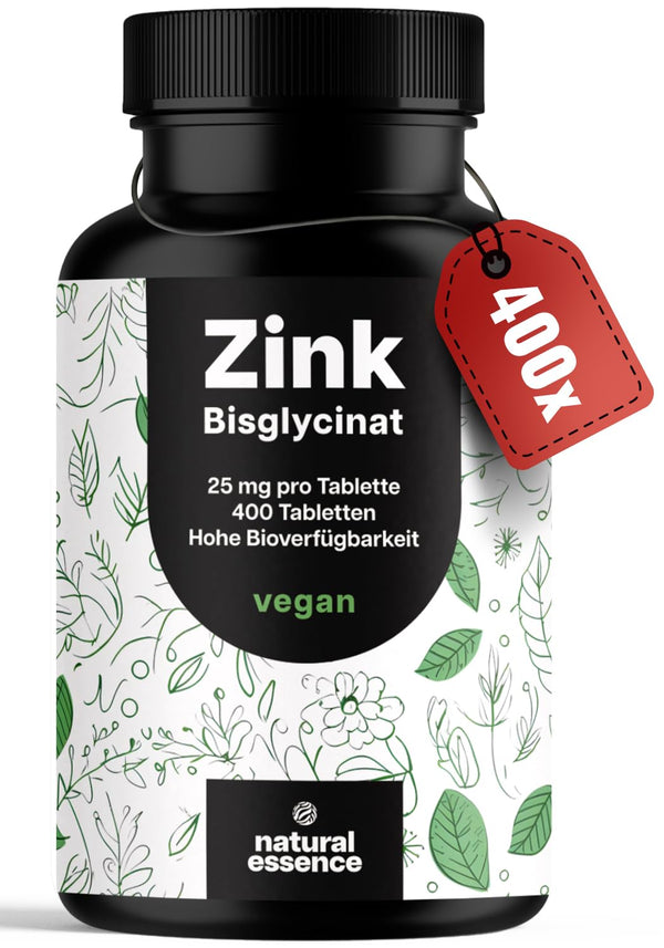 Zinc tablets high-dose 25mg - 400 tablets high-dose with zinc bisglycinate - Vegan and produced in Germany - Laboratory-tested