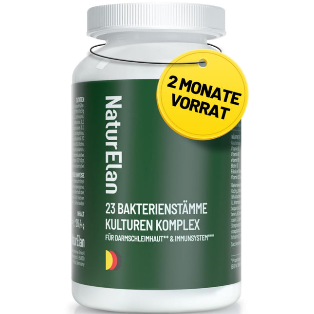 Probiotic intestinal cleansing capsules, 23 bacterial strains with active B complex and acacia fiber, enteric coated, vegan, 20.5 billion CFU/daily dose, produced in Germany, 60 capsules, Naturelan