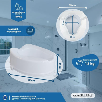 Mobiclinic®, Raised Toilet Seat, 14 cm, Titanium, European Brand, Raised Toilet Seat, Toilet Seat for Seniors, Toilet Aids, Extra Stable, White