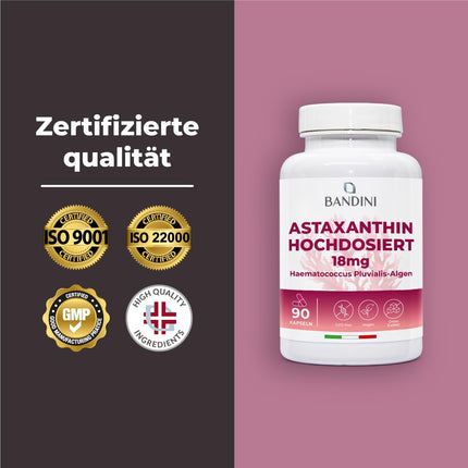 Bandini® Pure Astaxanthin 18 mg per capsule, 90 capsules (3-month supply), Algae Haematococcus Pluvialis - Natural Astaxanthin, free from magnesium stearate, GMO-free