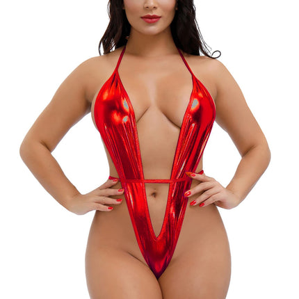 ROSVAJFY leather lingerie wetlook women's lingerie faux leather halter neck lingerie one piece backless leather dress bodysuit nightdresses clubwear underwear SML XL (red)