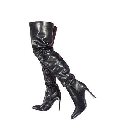 Over-the-knee boots for women. Pointed stiletto boots with a wide shaft and thigh-high hem. Fashionable long boots for fall and winter. Stripper high heels, black, 47 EU
