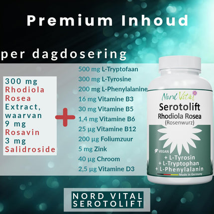 Nord Vital Serotolift - Serotonin and Dopamine Precursors - Rhodiola Rosea, L-Tryptophan, L-Tyrosine, L-Phenylalanine, Chromium, Zinc, Vitamins D3, B5, B6, B9 and B12 - Vegan - Made in Germany