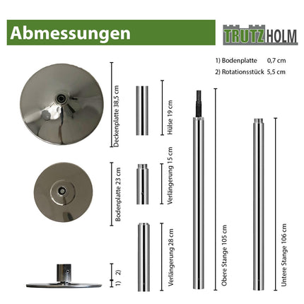 TRUTZHOLM Pole Dance Professional in black or chrome approx. 231-274 cm Ø 45 mm Static &amp; Spinning without drilling Fitness (silver)