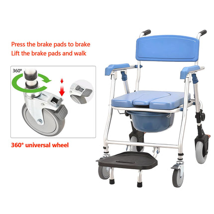 Generic Commode Chair with Wheels for Seniors 150kg Foldable Commode Chair with Armrest Mobile Commode Chair Shower Chair with Wheels WC Chair with Removable Bucket