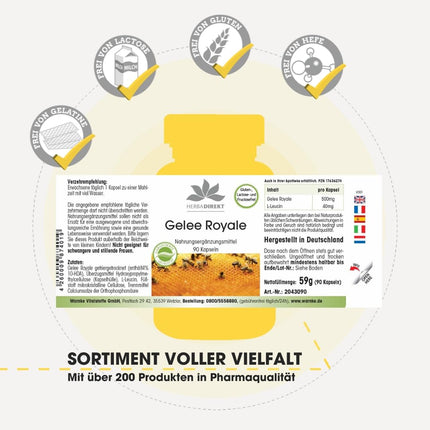 Royal Jelly Extract 500mg - 90 Capsules, 4-fold concentrated from 2000mg Royal Jelly - High Dosage | HERBADIREKT by Warnke Vitalstoffe - German Pharmacy Quality