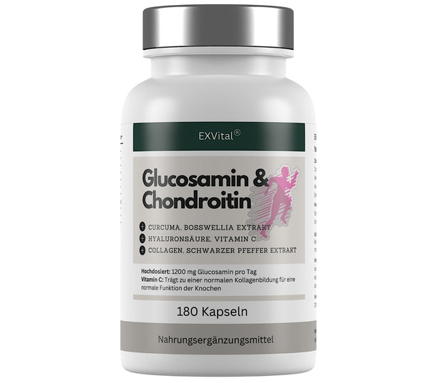 Glucosamine Chondroitin high dose - 1200 mg per day - with turmeric, frankincense, hyaluronic acid, vitamin C, collagen &amp; piperine - 180 capsules, laboratory-tested
