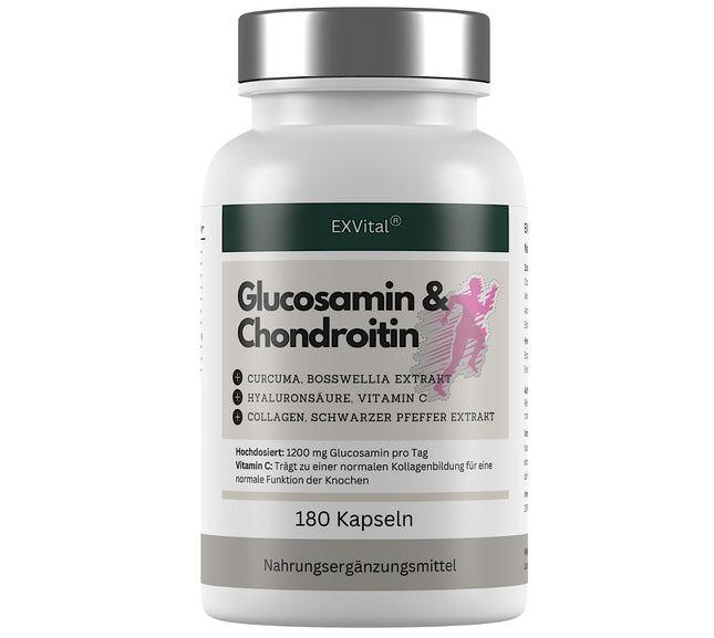 Glucosamine Chondroitin high dose - 1200 mg per day - with turmeric, frankincense, hyaluronic acid, vitamin C, collagen &amp; piperine - 180 capsules, laboratory-tested