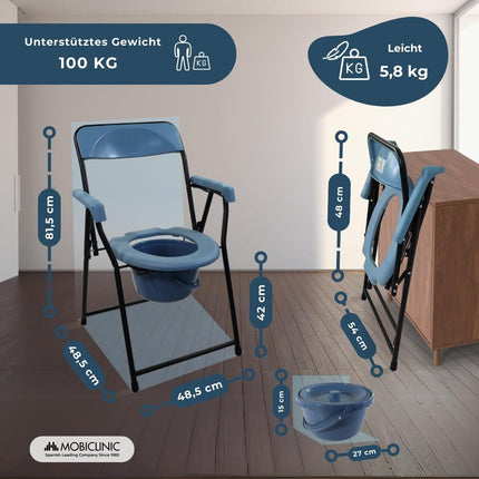 Mobiclinic®, Commode chair for seniors, European brand, Foldable toilet seat, Ergonomic with armrests, Bucket lid, Resistant, Up to 100 kg, Model timón