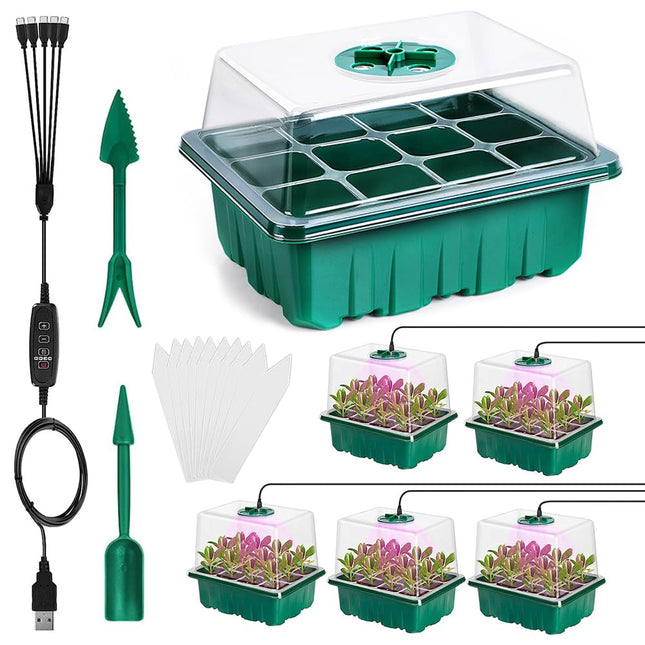 CLIUNT Indoor Greenhouse Propagator, 5 Pack Mini Greenhouse Propagator, Greenhouse Propagator Tray, with Higher Lid, Timer, Tools and Paper Labels, for Seedling Plant Germination