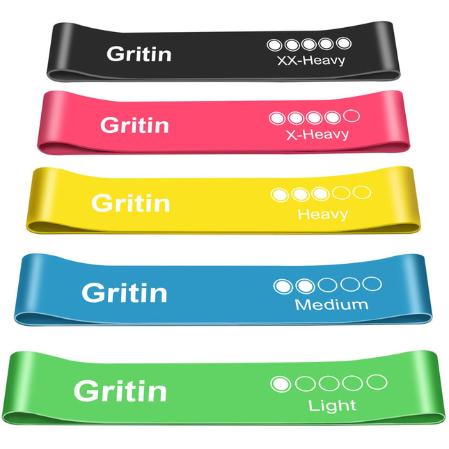 Gritin Fitness Bands [Set of 5] Resistance Bands with 5 Levels, 100% Latex Fitness Band Resistance with German Exercise Instructions &amp; Carrying Bag, Exercise Band for Muscle Building, Yoga, Pilates