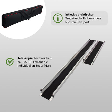 TRUTZHOLM wheelchair ramp, telescopic ramp, 120-213 cm, loading ramp, access ramp, pair | 270 kg | anti-slip coating, lightweight in a textile bag (213)