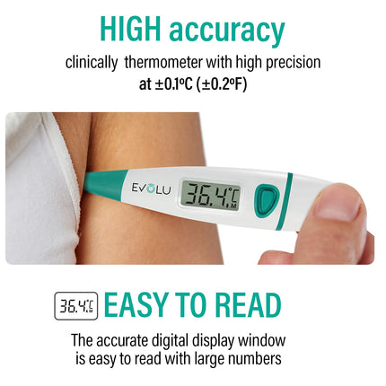 Evolu Waterproof Flexible Digital Thermometer Measurement in the mouth, rectum or armpit with flexible measuring tip in 10 seconds - Babies, children, adults - high precision - with storage box