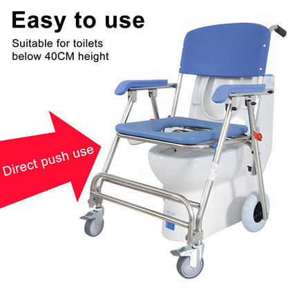 Foldable shower-commode wheelchair, height adjustable with removable bucket and footrests, mobile toilet chair with wheels, suitable for seniors and people with limited mobility Bl