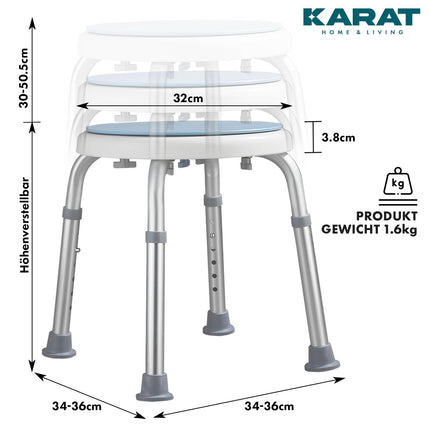 KARAT shower stool - 360° rotating shower chair, load capacity up to 136 kg, height-adjustable with non-slip rubber feet for a secure hold - bathroom stool, shower aid, shower seat