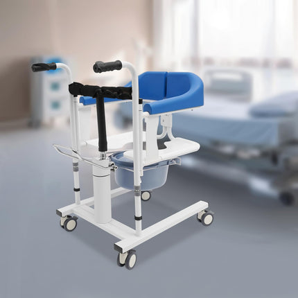 MINRS Hydraulic Patient Lift Transfer Chair Shower Chair with Wheels up to 90 kg Commode Chair for Seniors 180° Split Seat for Sick, Elderly, Disabled, Pregnant Women Blue