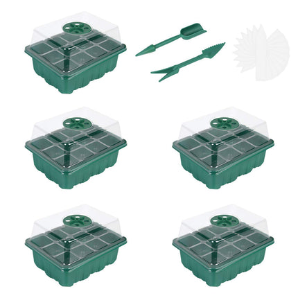 flintronic 5 Pack 60 Cell Indoor Greenhouse Propagator, Mini Greenhouse Propagation Set, Greenhouse Propagator with Lid and Ventilation, 10 Plant Markers, Propagation Tray for Gardens and Vegetable Gardens