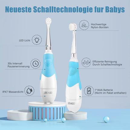 SEAGO SG-513 Electric Toothbrush for Children, Baby Toothbrush, Electric Toothbrush for Ages 0-3 Years with LED Light, Smart Timer, Waterproof IPX7 Sonic Toothbrush (Baby Blue)