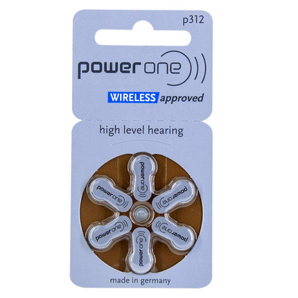 Power one hearing aid batteries type 312 brown, 60 batteries, wireless approved, size p312 for hearing aids and hearing aids, high hearing level, mercury-free, Made in Germany