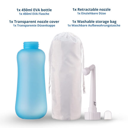 T2 Peri-Bottle - Portable Bidet for Postpartum Care, Perineal Pain Relief - 450 ml Squeeze Bottle with 60° Angle Nozzle, Washable Storage Bag - For Hospital, Pregnancy