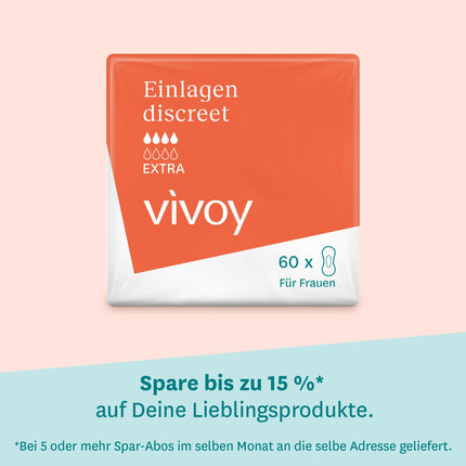Vivoy Discreet Extra - 60 pads in a monthly pack (6 x 10 pads) - for moderate bladder weakness and incontinence - individually wrapped sanitary pads for women