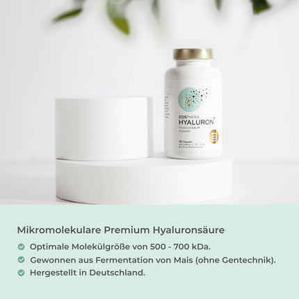 Hyaluronic acid capsules with a high dosage of 500 mg per capsule - 90 vegan hyaluronic capsules in a 3-month supply - 500-700 kDa I Enriched with zinc to contribute to the maintenance of normal skin and bones.