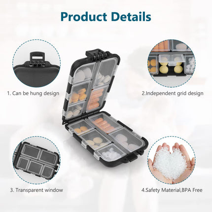 AOOWU 7-day pill box, 10-compartment pill box, small, handy medicine box with large separate compartments for medications, vitamins, fish oil, etc., pill dispenser for travel and daily use (black)