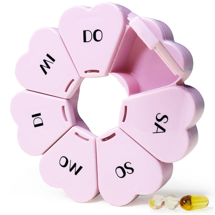 MOLN HYMY Cute Weekly Pill Box, Pink, 7 Days, Yellow Round Pill Box with Floral Pattern, 1 Time a Day