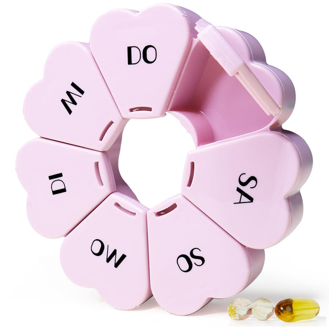 MOLN HYMY Cute Weekly Pill Box, Pink, 7 Days, Yellow Round Pill Box with Floral Pattern, 1 Time a Day