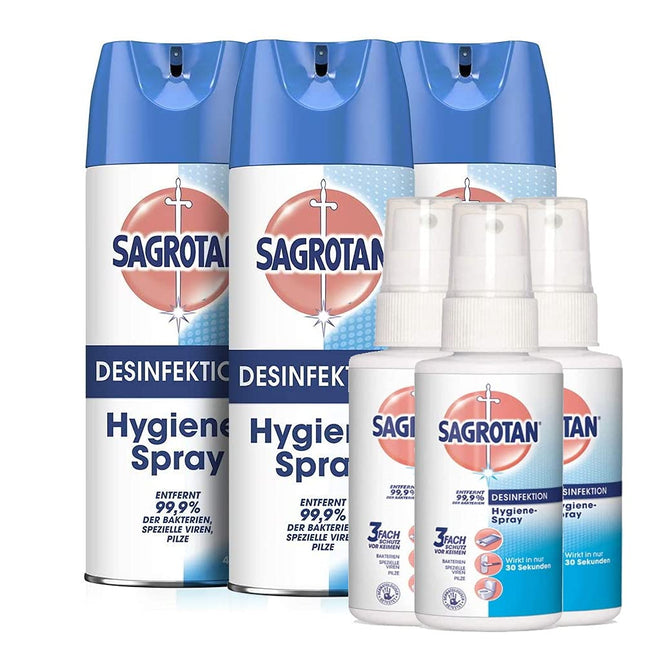 Sagrotan hygiene cleaning set for disinfecting textiles and surfaces (3 x 400ml hygiene spray aerosol &amp; 3 x 100ml hygiene pump spray)