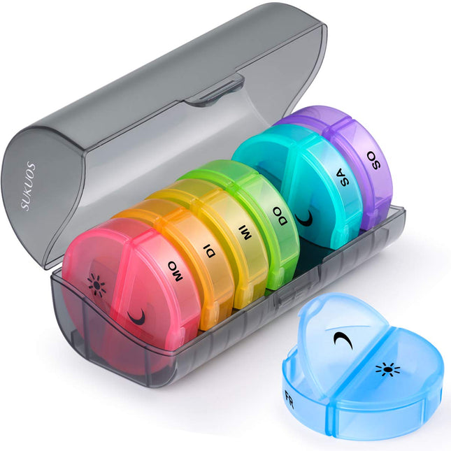 SUKUOS Pill Box 7 Days Morning Evening, Pill Box Round, 2 Compartments, Handy and Moisture-Resistant Medicine Box Medication Dispenser