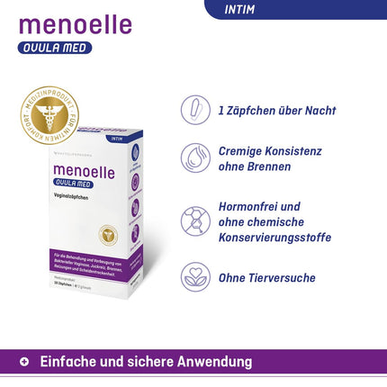 menoelle® OVULA med - Vaginal Suppositories. For bacterial vaginosis, vaginal yeast infections, and vaginal dryness. With lactic acid and hyaluronic acid. Hormone-free and preservative-free. 10 suppositories.
