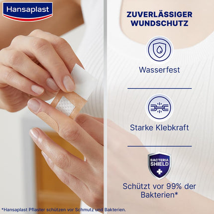 Hansaplast Universal Plasters (40 Strips), dirt- and water-repellent wound plasters, plaster set with strong adhesive power &amp; Bacteria Shield