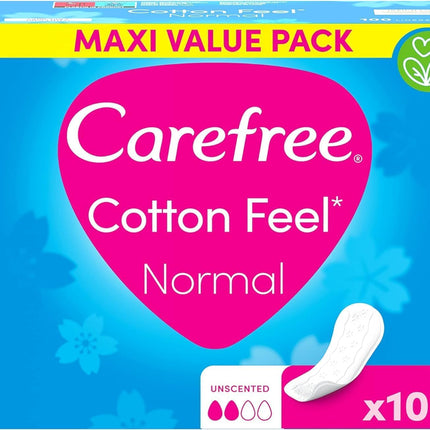 Carefree Cotton Feel Normal panty liners, unscented, 100% breathable, provide a feeling of comfort, dryness, and freshness, size normal, storage pack (100 pieces)