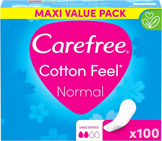 Carefree Cotton Feel Normal panty liners, unscented, 100% breathable, provide a feeling of comfort, dryness, and freshness, size normal, storage pack (100 pieces)