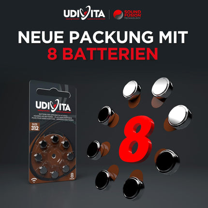 80 hearing aid batteries Udivita size 312 (brown) PR41 Zinc-Air with Sound Fusion technology – 10 blisters with 8 batteries