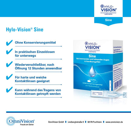 Hylo-Vision Sine eye drops – For dry, burning, watery eyes and a feeling of grittiness, ideal for on the go, slightly viscous, preservative-free, suitable for contact lenses, 20 x 0.4 ml