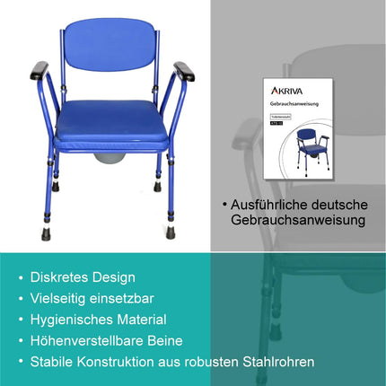 Akriva Commode Chair with Armrests, Height-Adjustable Seat and Backrest for Home Use, Seniors and Care, Blue