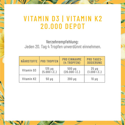 NATURTREU® Vitamin D3 K2 Drops high-dose &amp; vegan - 20,000 IU Vitamin D3 + Vitamin K2 MK7 200 mcg per dose (depot)