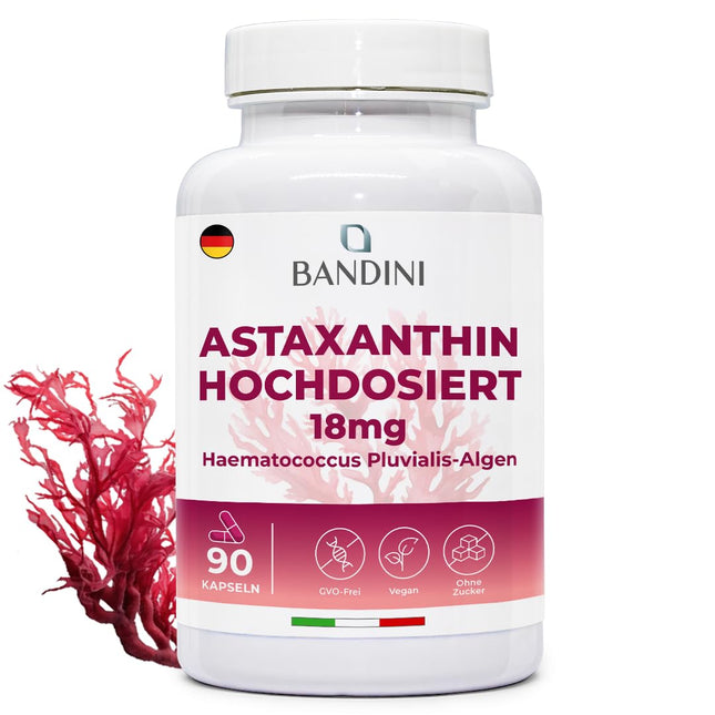 Bandini® Pure Astaxanthin 18 mg per capsule, 90 capsules (3-month supply), Algae Haematococcus Pluvialis - Natural Astaxanthin, free from magnesium stearate, GMO-free