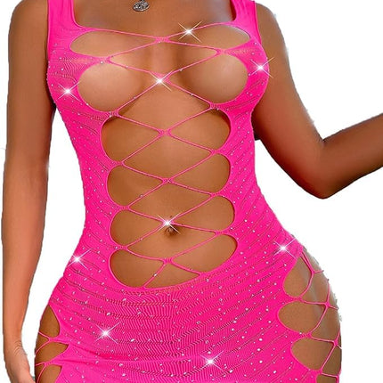 Women's Party Dress, Women's Short Fishnet Dress, Clubwear Party Dress Mesh Inserts, Sexy Mini Dress Lingerie Set, Sexy Bodycon Fishnet Mini Dress (Pink)