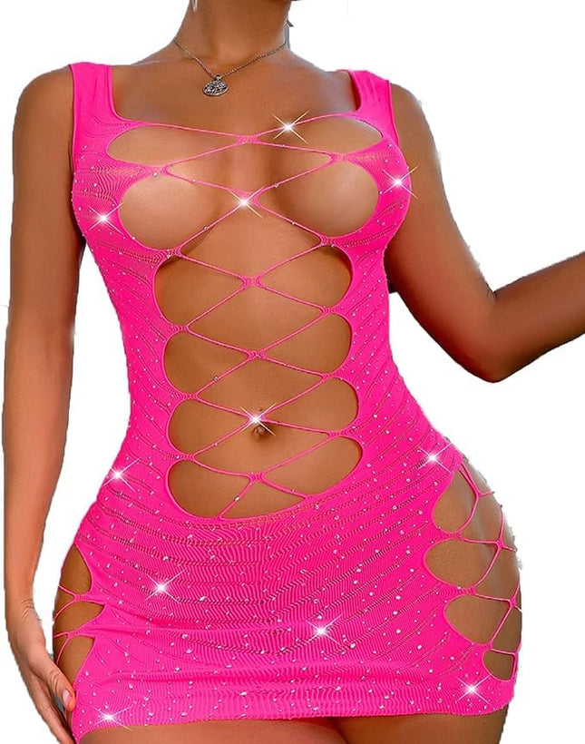 Women's Party Dress, Women's Short Fishnet Dress, Clubwear Party Dress Mesh Inserts, Sexy Mini Dress Lingerie Set, Sexy Bodycon Fishnet Mini Dress (Pink)