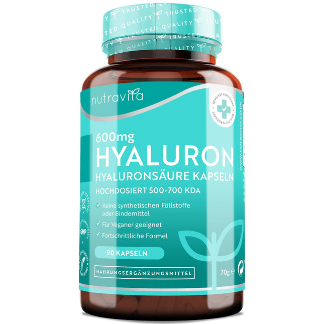 Nutravita® 600mg Hyaluronic Acid Capsules High Dose - With 600mg per capsule - 500-700 kDa - 90 Capsules (3 months) - Batch tested and certified by an independent German laboratory - Vegan