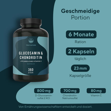 Glucosamine Chondroitin High Dose - Big Pack: 360 Capsules (lasts 6 months) - with Vitamin C (contributes to normal collagen formation) - Pharmaceutical Quality - Made in Germany - TRUE NATURE