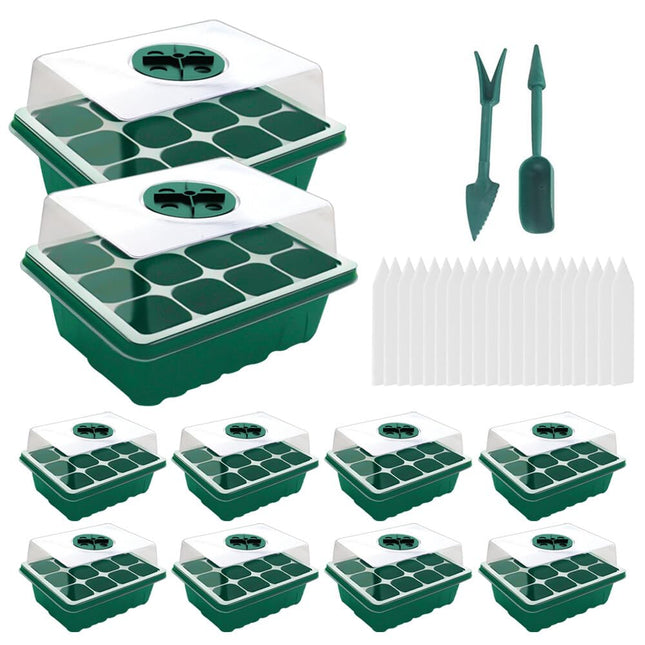 HRKVSK Mini Greenhouse Cultivation, 10 Pieces 120 Cells Indoor Greenhouse Cultivation Box, Plant Cultivation Set with Lid, Cultivation Box with 10 Labels 2 Tools for Seedling Plant
