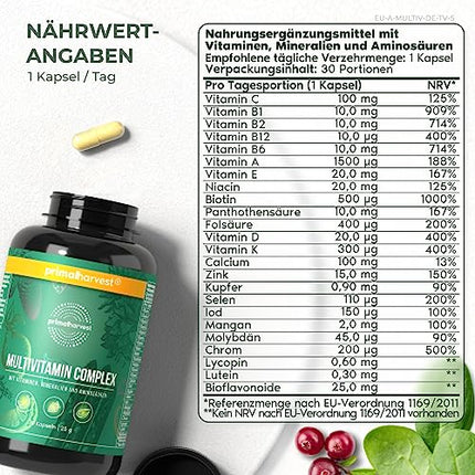 Primal Harvest® Multivitamin Tablets (30 servings) - High Dosage - Capsules with essential vitamins - Vitamins A, C, D, K and minerals such as biotin, zinc, folic acid - Vitamin tablets