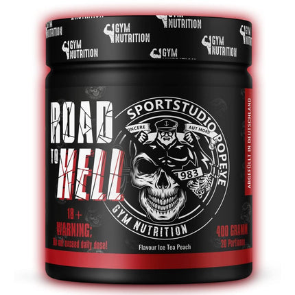 ROAD TO HELL - Ultra Hardcore Booster Pre-workout - Powder - ATP + L-Arginine + Citrulline + Beta Alanine + Caffeine 400g in collaboration with Sportstudio Popeye Ice Tea Peach Flavor Vegan