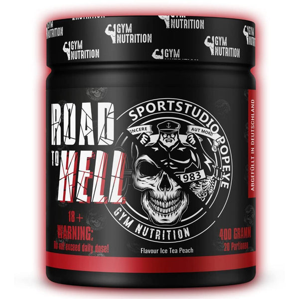 ROAD TO HELL - Ultra Hardcore Booster Pre-workout - Powder - ATP + L-Arginine + Citrulline + Beta Alanine + Caffeine 400g in collaboration with Sportstudio Popeye Ice Tea Peach Flavor Vegan