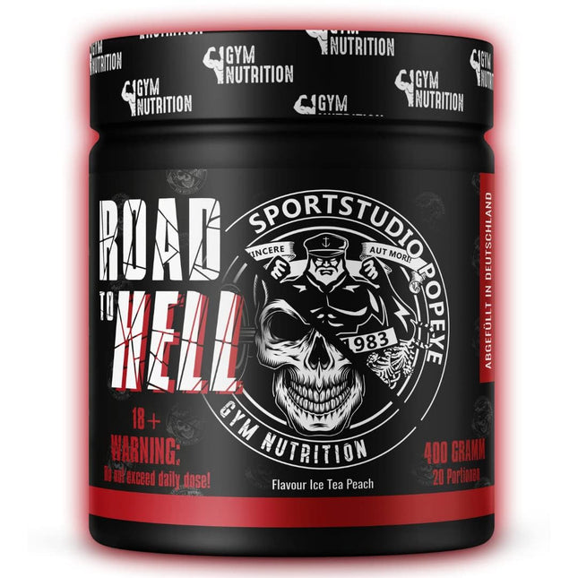 ROAD TO HELL - Ultra Hardcore Booster Pre-workout - Powder - ATP + L-Arginine + Citrulline + Beta Alanine + Caffeine 400g in collaboration with Sportstudio Popeye Ice Tea Peach Flavor Vegan