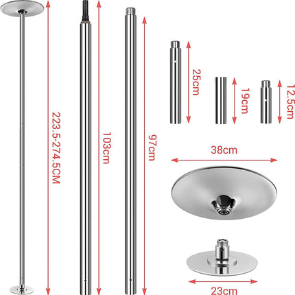 TLGREEN Pole Dance Pole, 45 mm diameter pole dance pole made of stainless steel, height adjustable from 2.35 to 2.74 m, portable and removable table dance strip pole with static and spinning function
